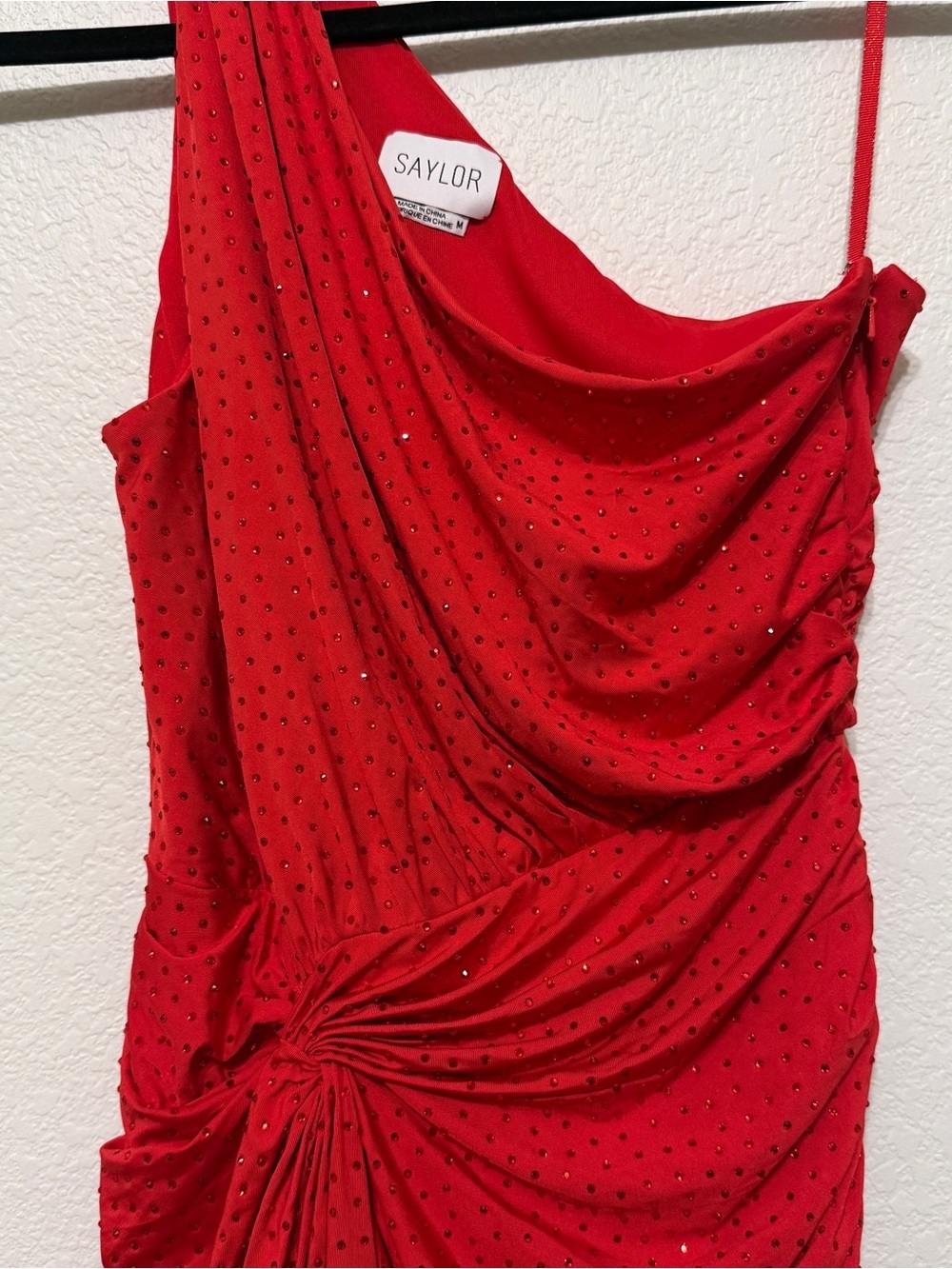 🦋Saylor| Red Rhinestone One Shoulder Ruched Bodycon Party Mini Dress M - Picture 5 of 9